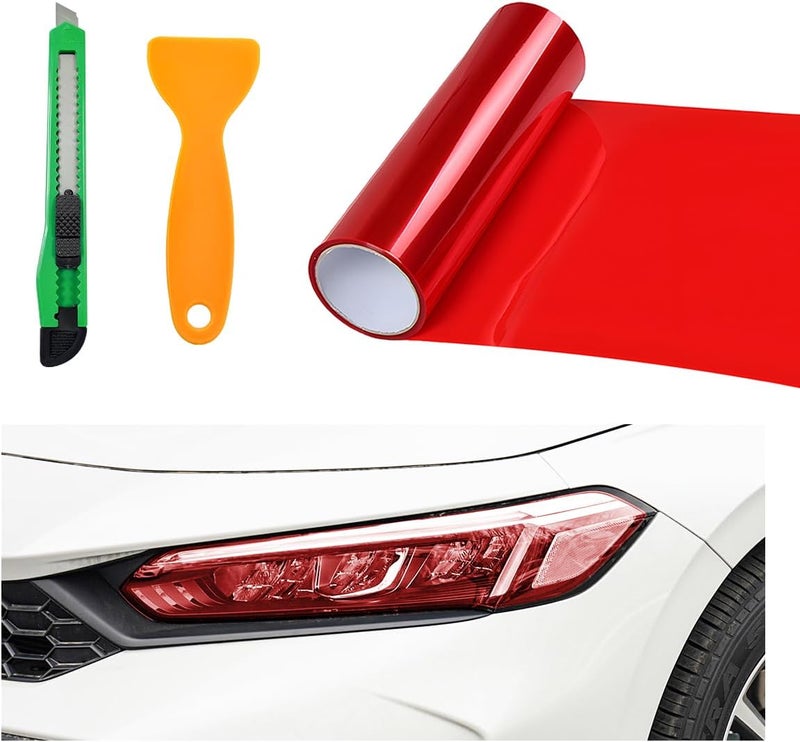 MUQIDA Headlight Vinyl Film Sticker Sheet Roll, 47.2"×11.8" Self-Adhesive Tint Vinyl Film for Car Tail Lights Fog Lights, Air-Release Headlight Tint Wrap Film with Squeegee & Cutter (Red) - Image 1